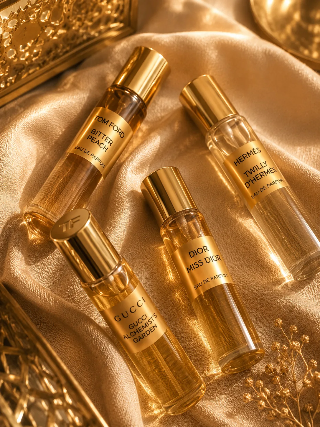 Decants de perfume sobre tecido bege